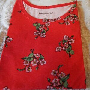 WOMAN WITHIN PLUS SIZE 3XL 30/32 TEE SHIRT RED FLORAL PRINT NWT